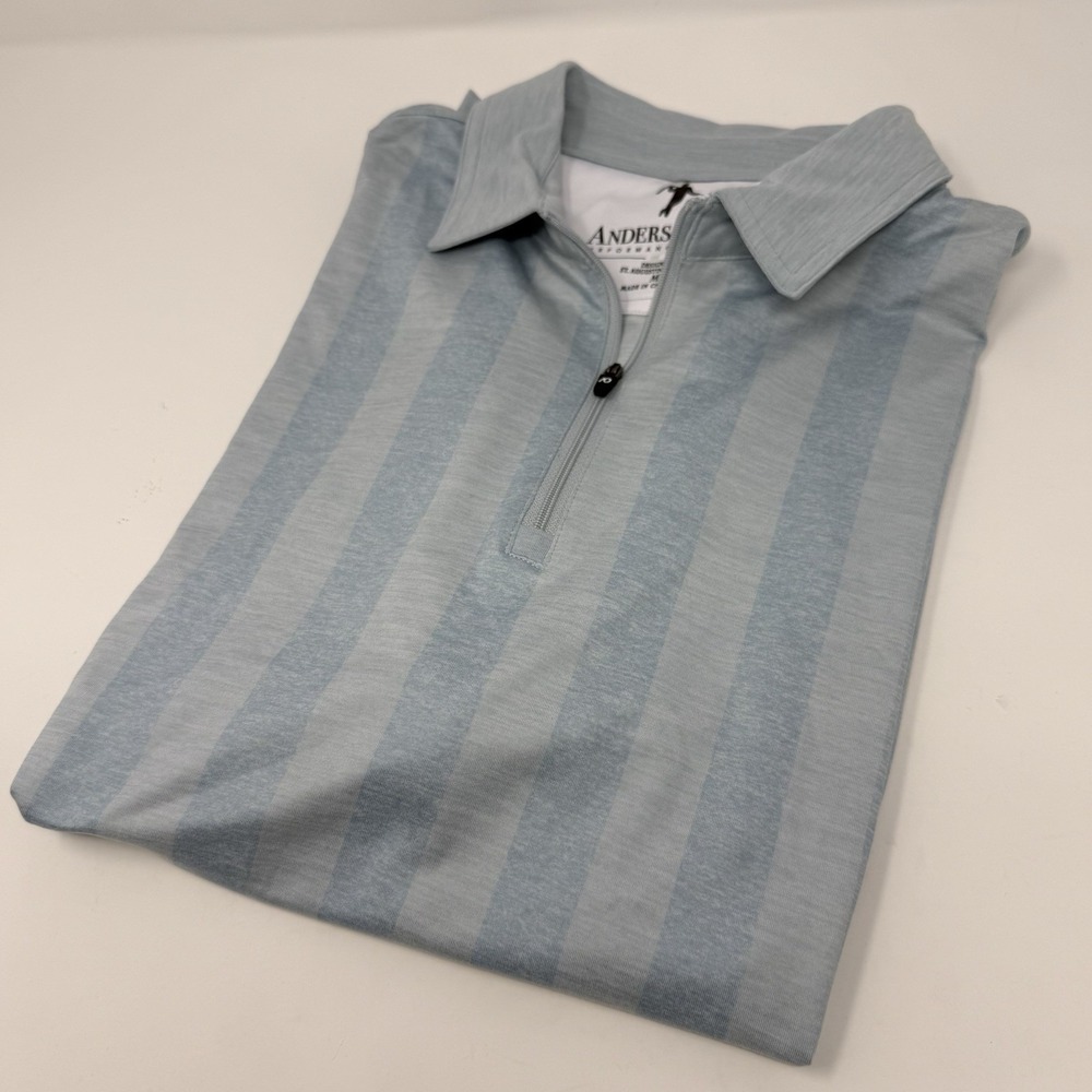 NWOT ANDERSON ORD PERFORMANCE WIDE STRIP Blue/Gray  1/4 ZIP GOLF POLO SHIRT MED